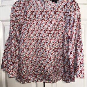 Brooks Brothers Blouse Womens Size 6 Blue Red Floral Bell Sleeve Round